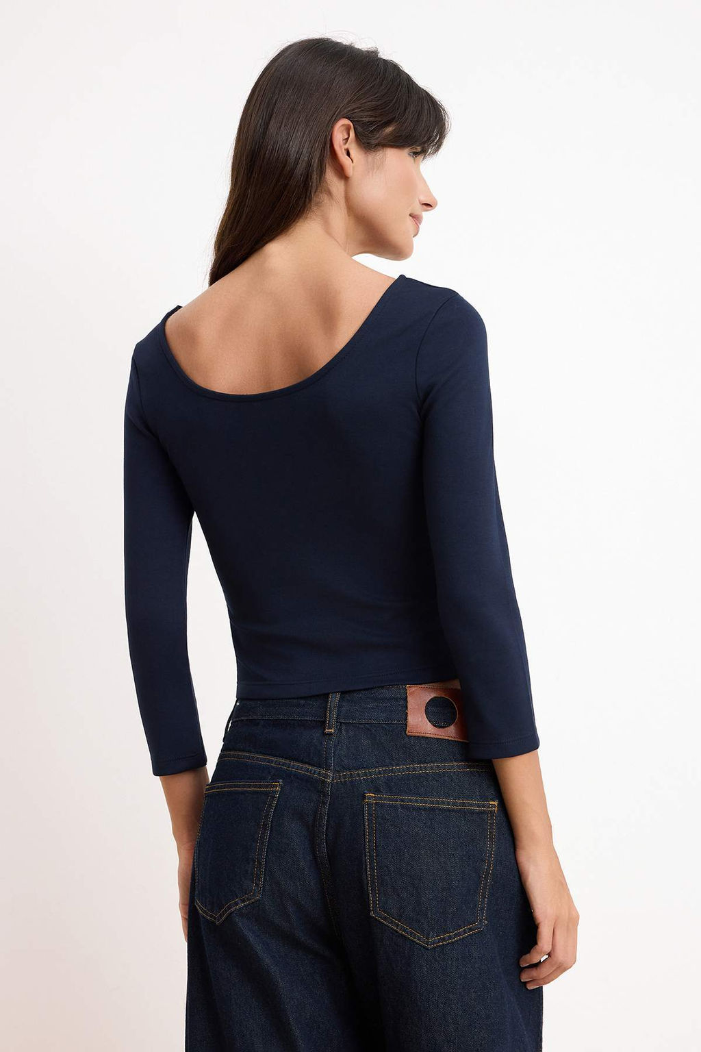 Lacivert Fitted/Vucuda Oturan Havuz Yaka Ay Kol Truvakar Interlok Orme Bluz TWOSS26BZ00639 - Trendyolmilla фото 4