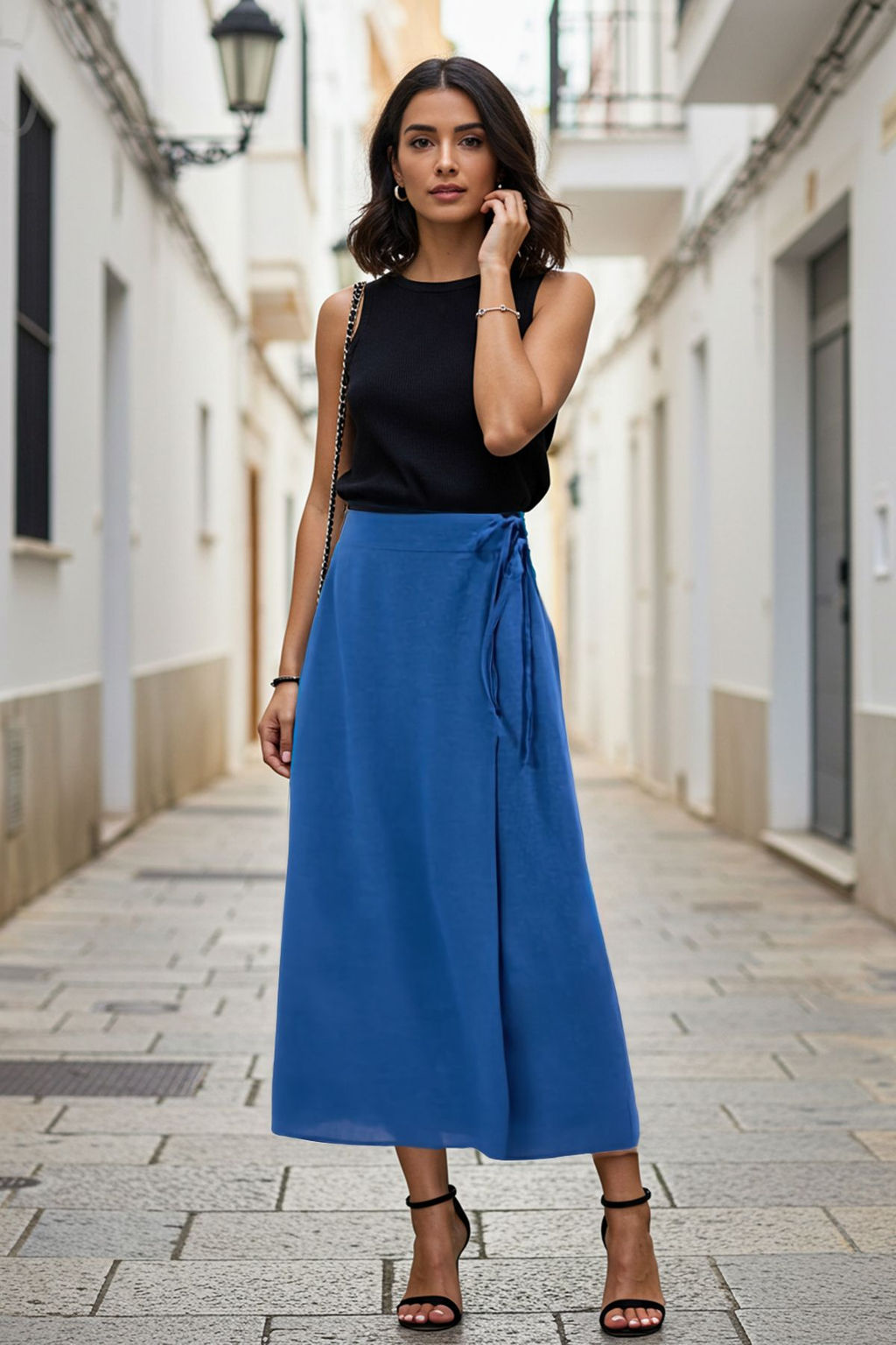 TRENDYOLMILLA Lacivert Baglama Detayl? Kruvaze Kapama Maxi Boy Dokuma Etek TWOSS25ET00126