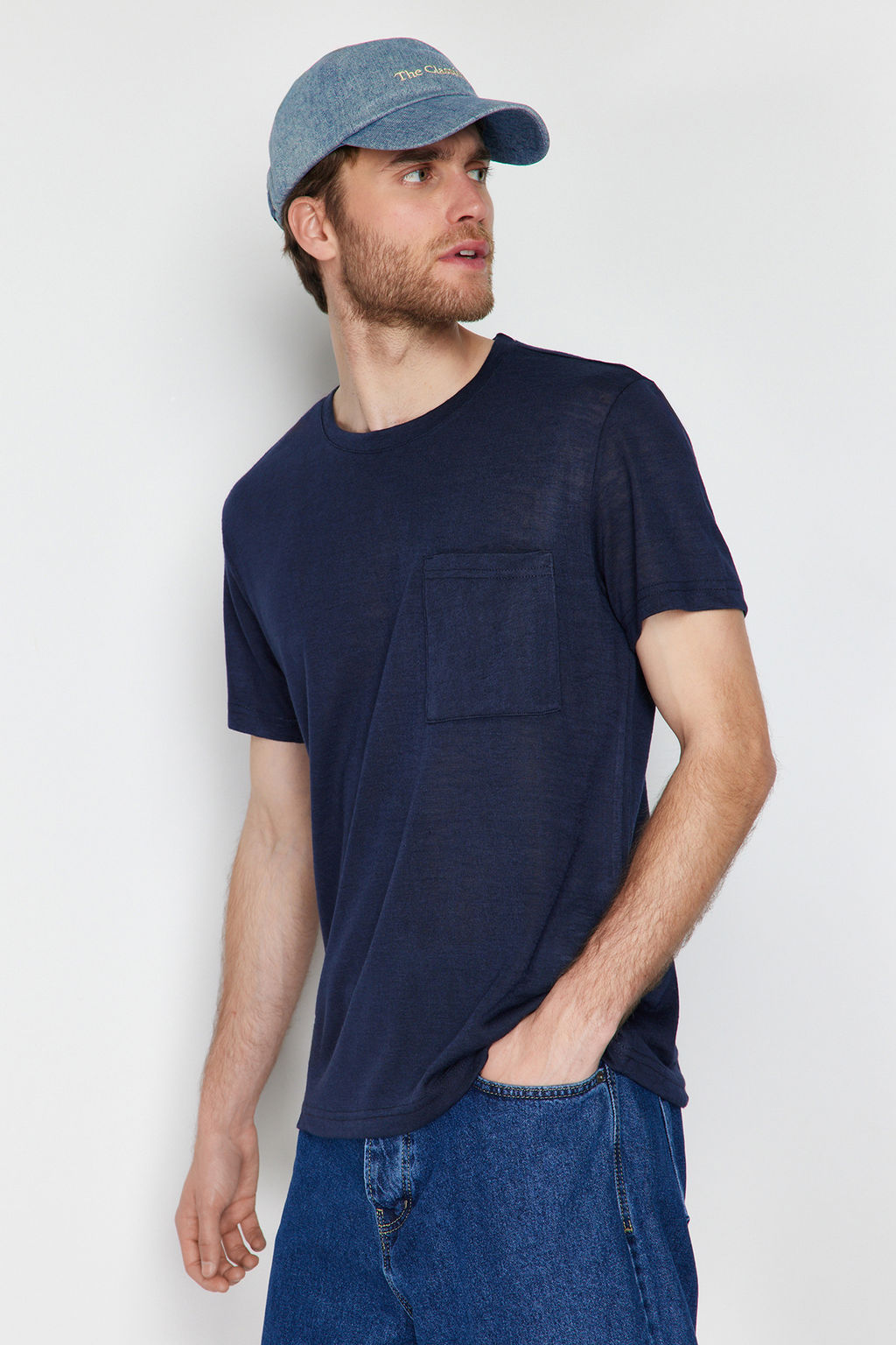 Lacivert Regular/Normal Kesim Cepli Keten Gorunumlu K?sa Kol T-Shirt TMNSS24TS00046 - Trendyolmilla фото 2