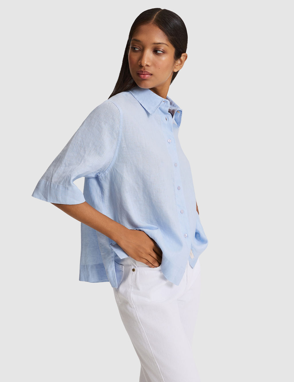 Mavi Oversize K_sa Kollu %100 Keten G_mlek