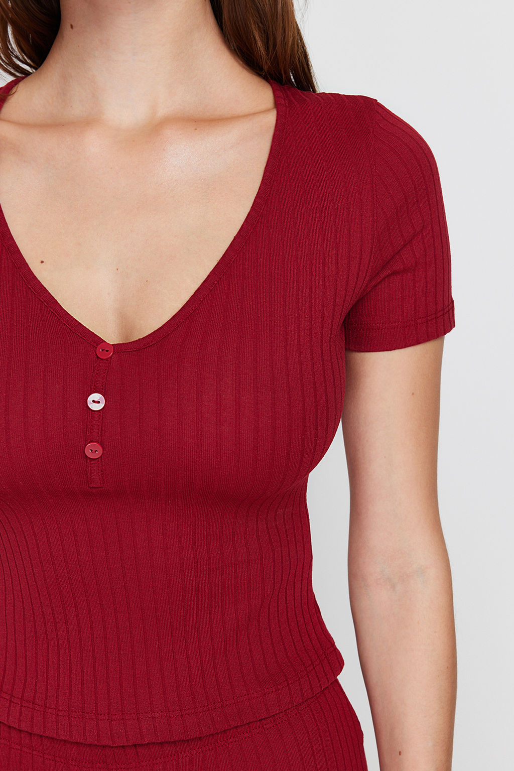 Trendyolmilla Bordo Dugme Detayl? Fitilli Sortlu Orme Pijama Tak?m? THMSS24PT00097 фото 14