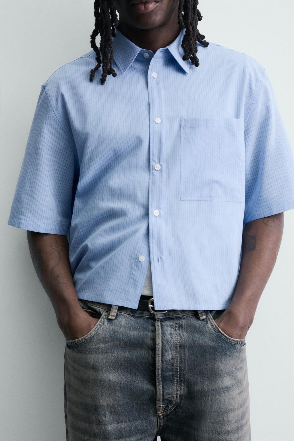 CAMISA CROPPED FIT CUADROS / Azul claro - Zara фото 6