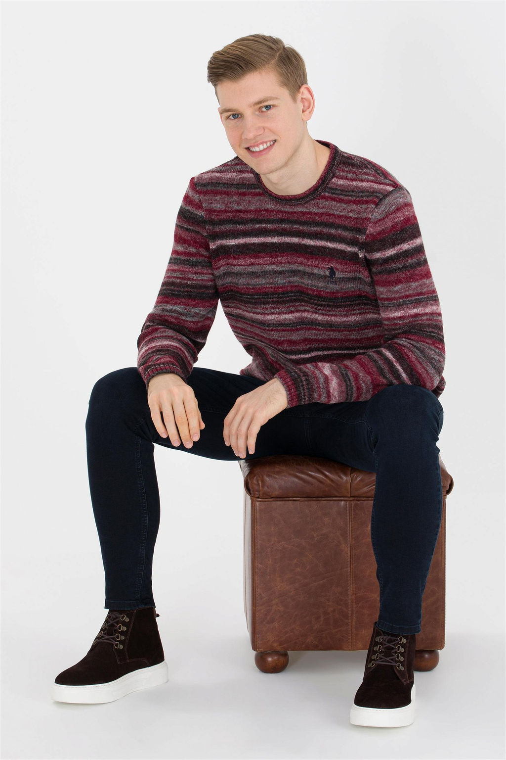 U. S. Polo Assn Мужской трикотажный свитер вишневого цвета с круглым вырезом - U.s. polo assn фото 10