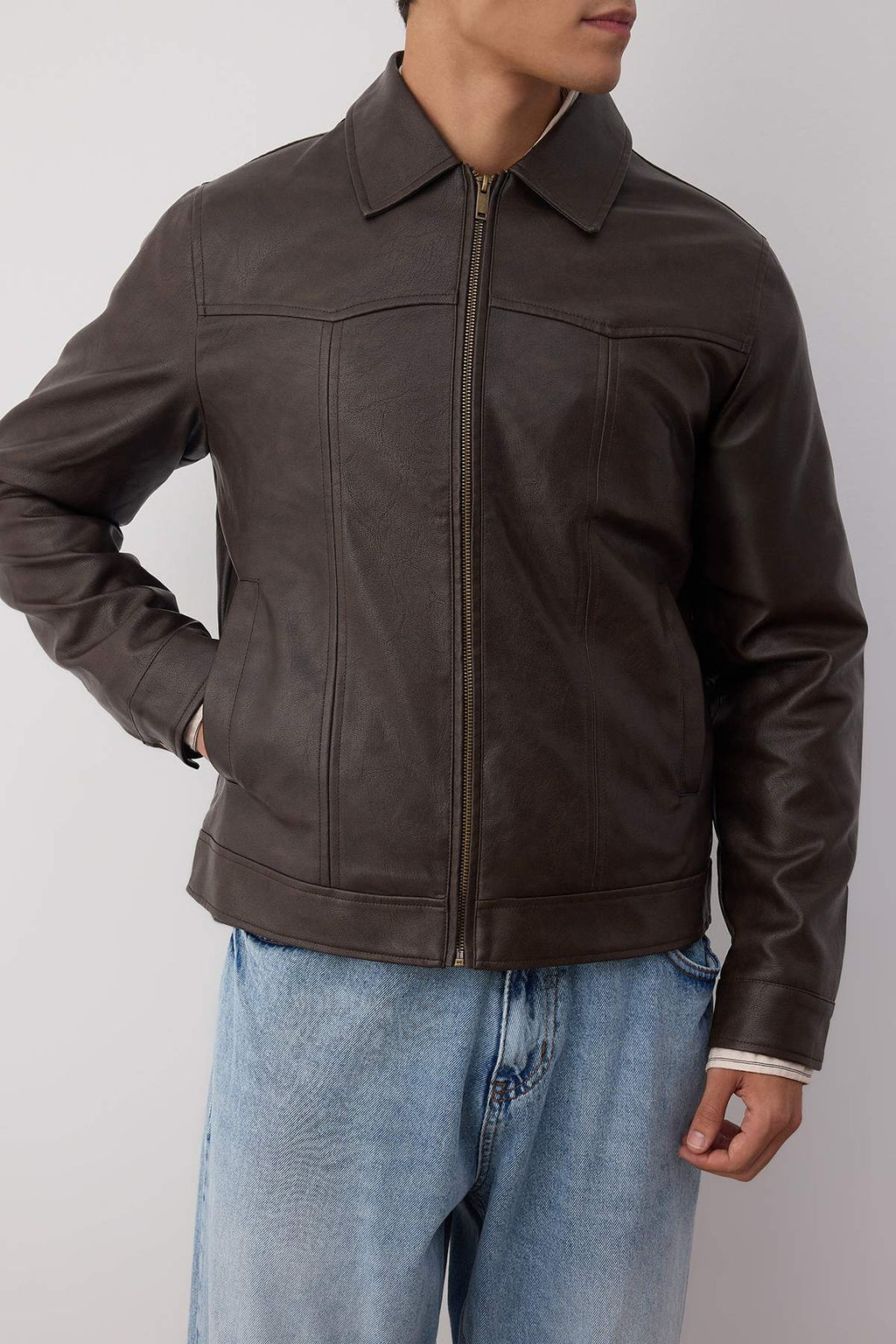 Kahverengi Regular Fit %100 PU Suni Deri Erkek Mont TMNAW26MO00010 - Trendyolmilla фото 3
