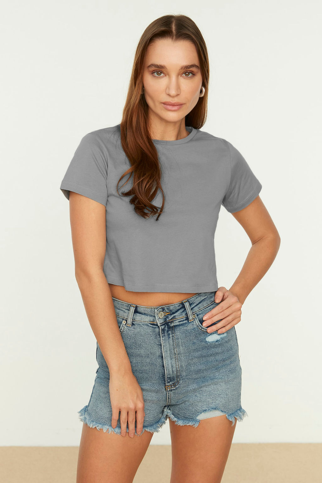 Gri-Mint 2li Paket %100 Pamuk Crop Bisiklet Yaka Orme T-Shirt TWOSS20TS1480