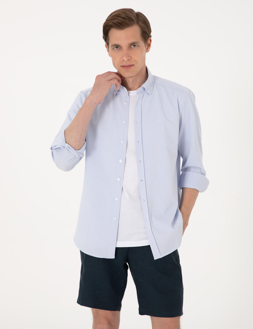 A__k Mavi Slim Fit _izgili Uzun Kollu G_mlek