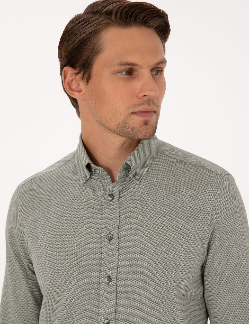 Ye_il Slim Fit Dokulu Uzun Kollu G_mlek