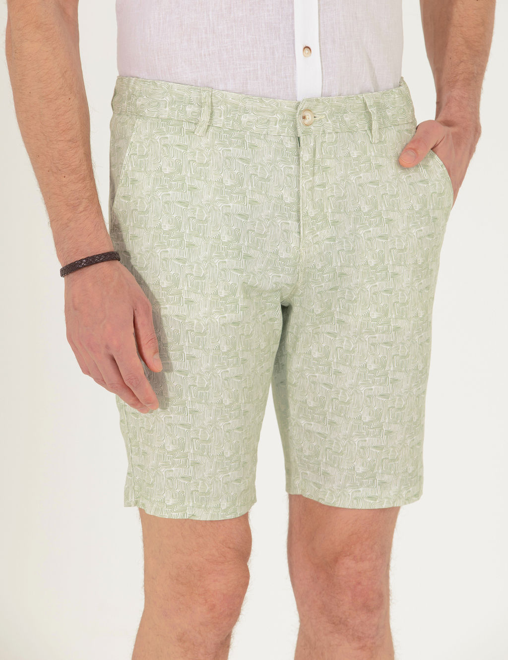Haki Slim Fit Beli Lastikli Desenli Bermuda _ort