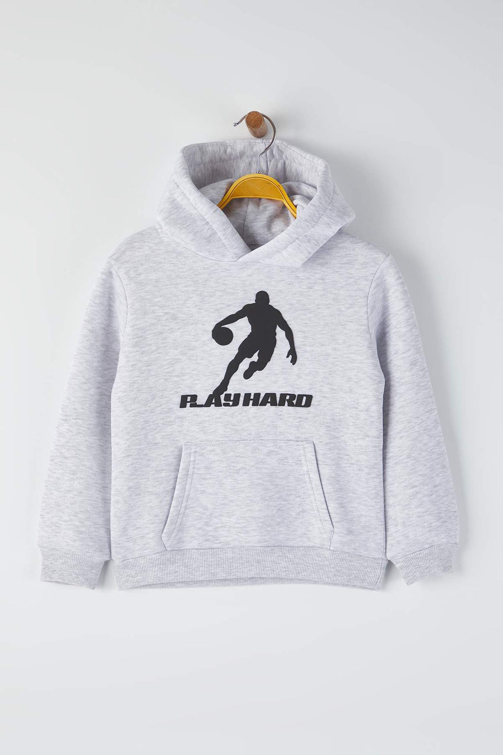 Gri Melanj Erkek Cocuk Pamuklu Bask?l? Kapusonlu Regular Orme Sweatshirt TKDAW26SW00033