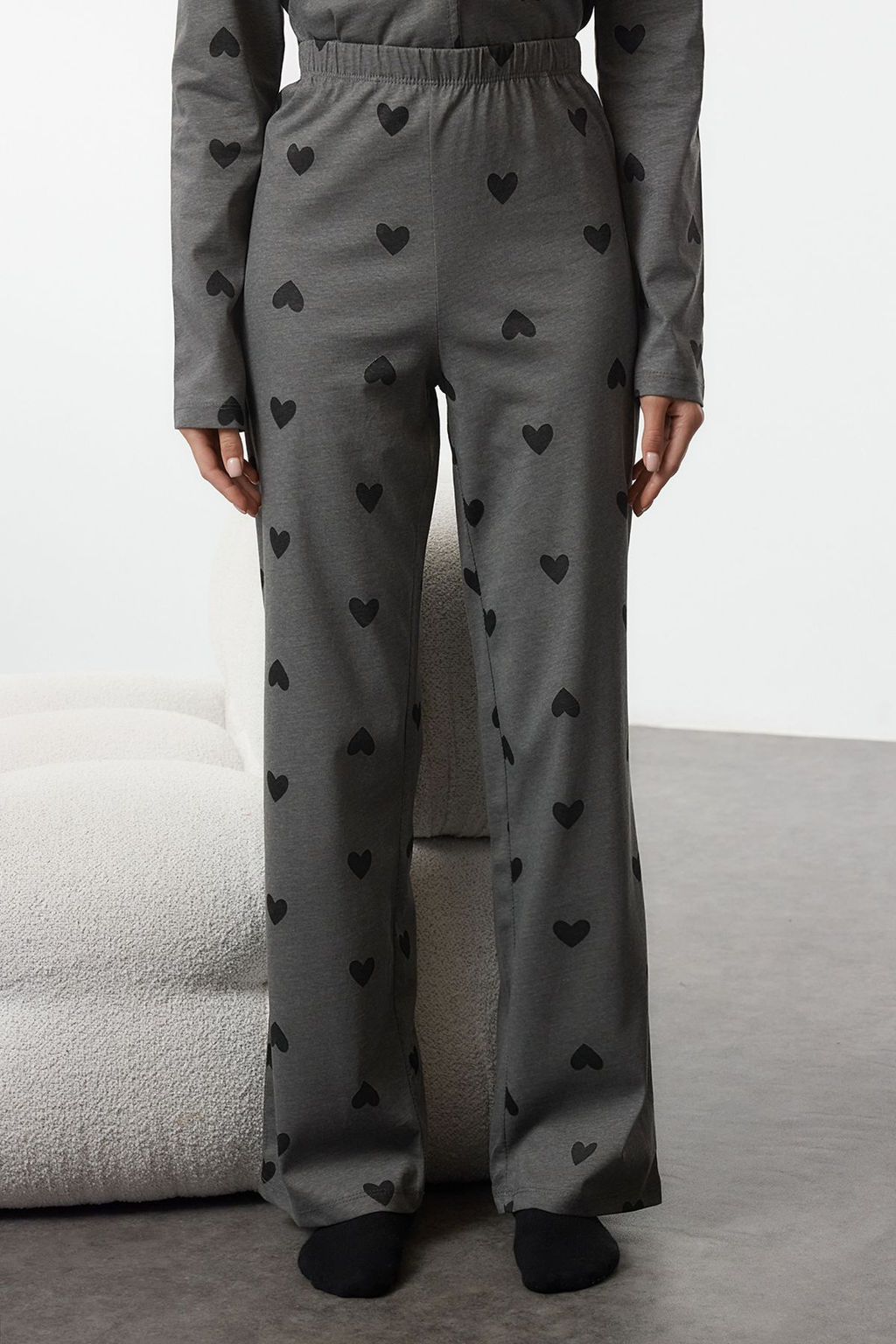Gri %100 Pamuklu Kalp Desenli Orme Pijama Tak?m? THMAW21PT0548