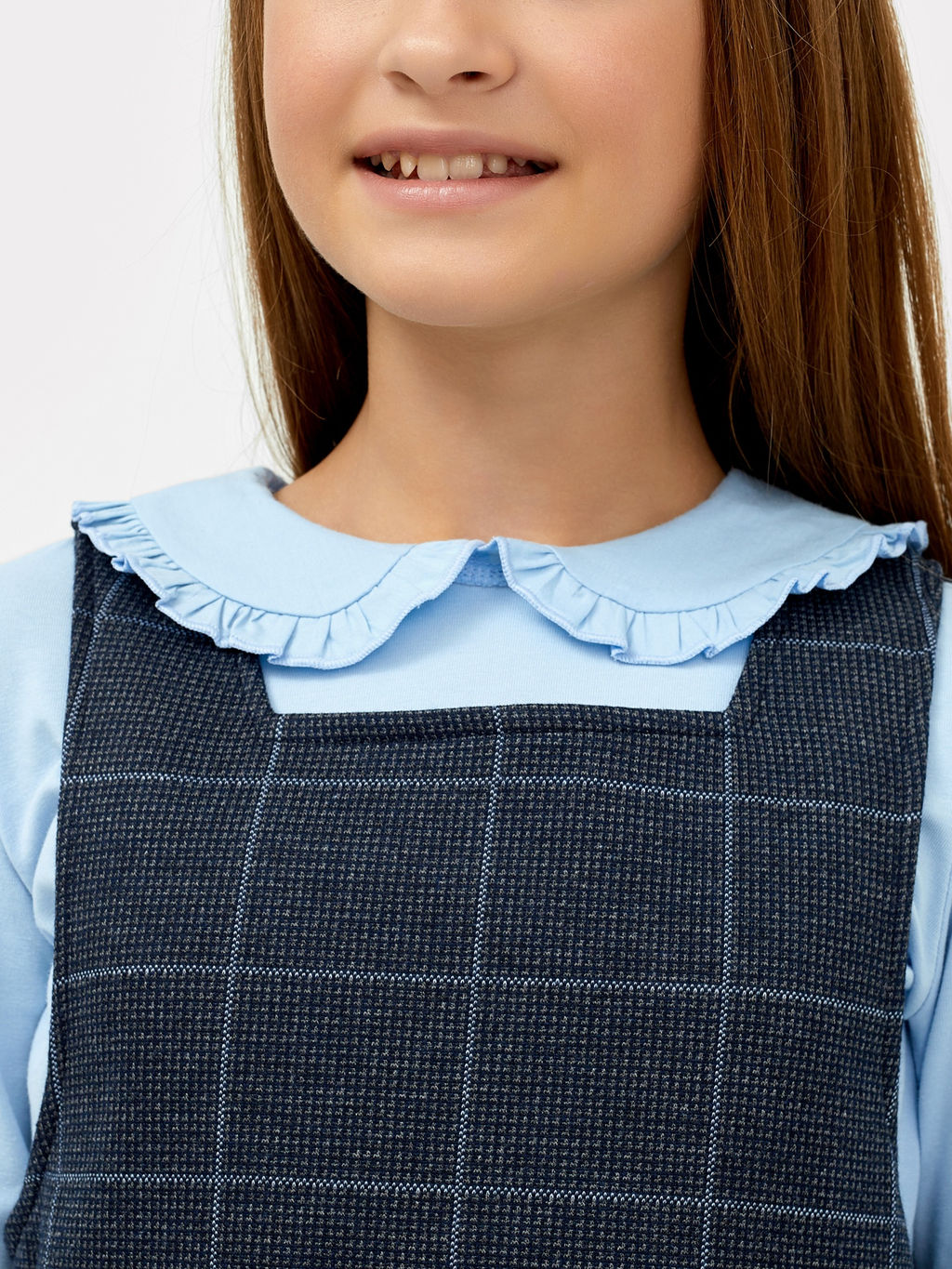 Прямой сарафан на широких бретелях сине-серого цвета в клетку для девочек - Mark formelle фото 3