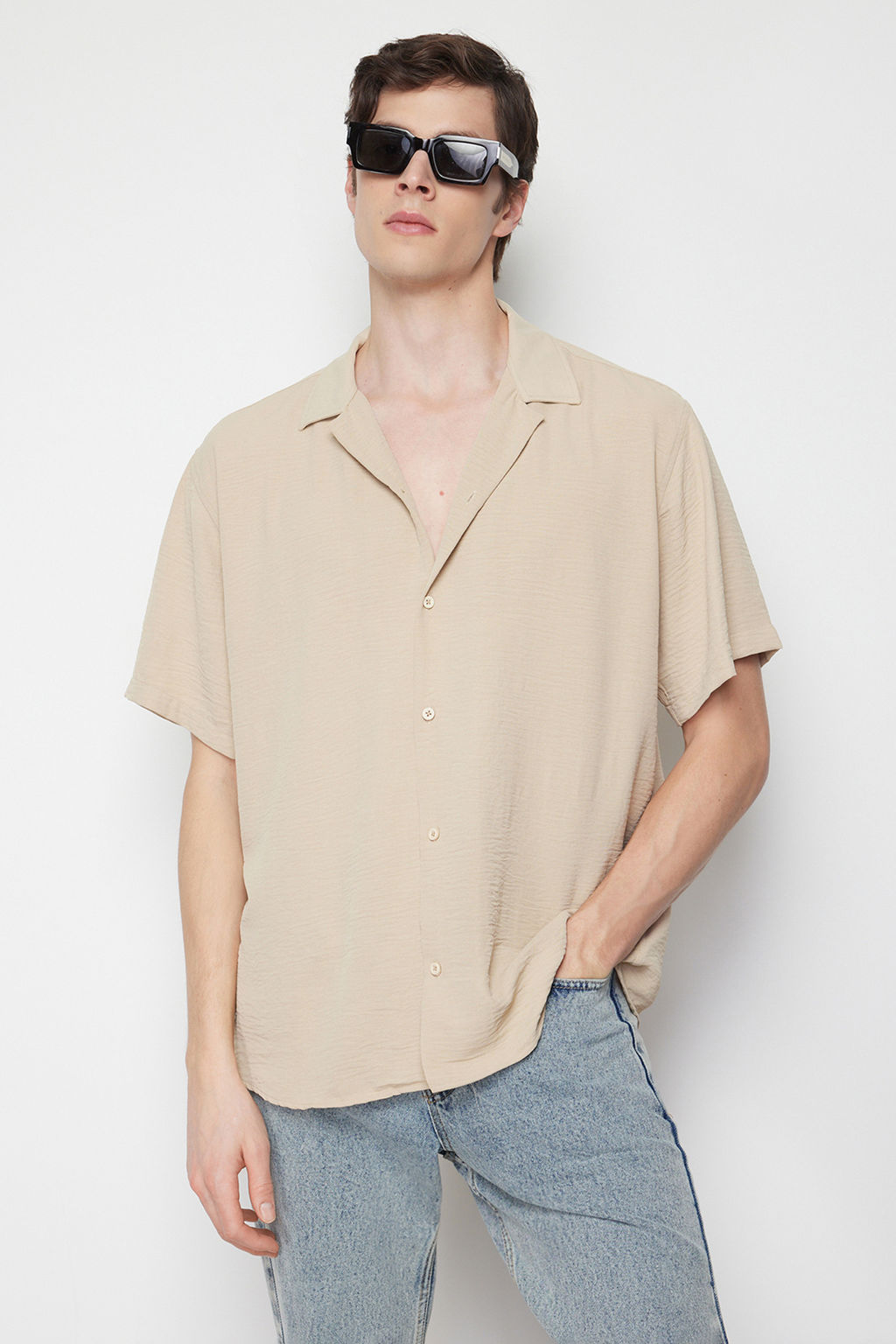 TRENDYOL MAN Siyah Siyah Oversize Fit Yazl?k K?sa Kollu Keten Gorunumlu Gomlek Gomlek TMNSS24GO00019 - Trendyolmilla фото 12