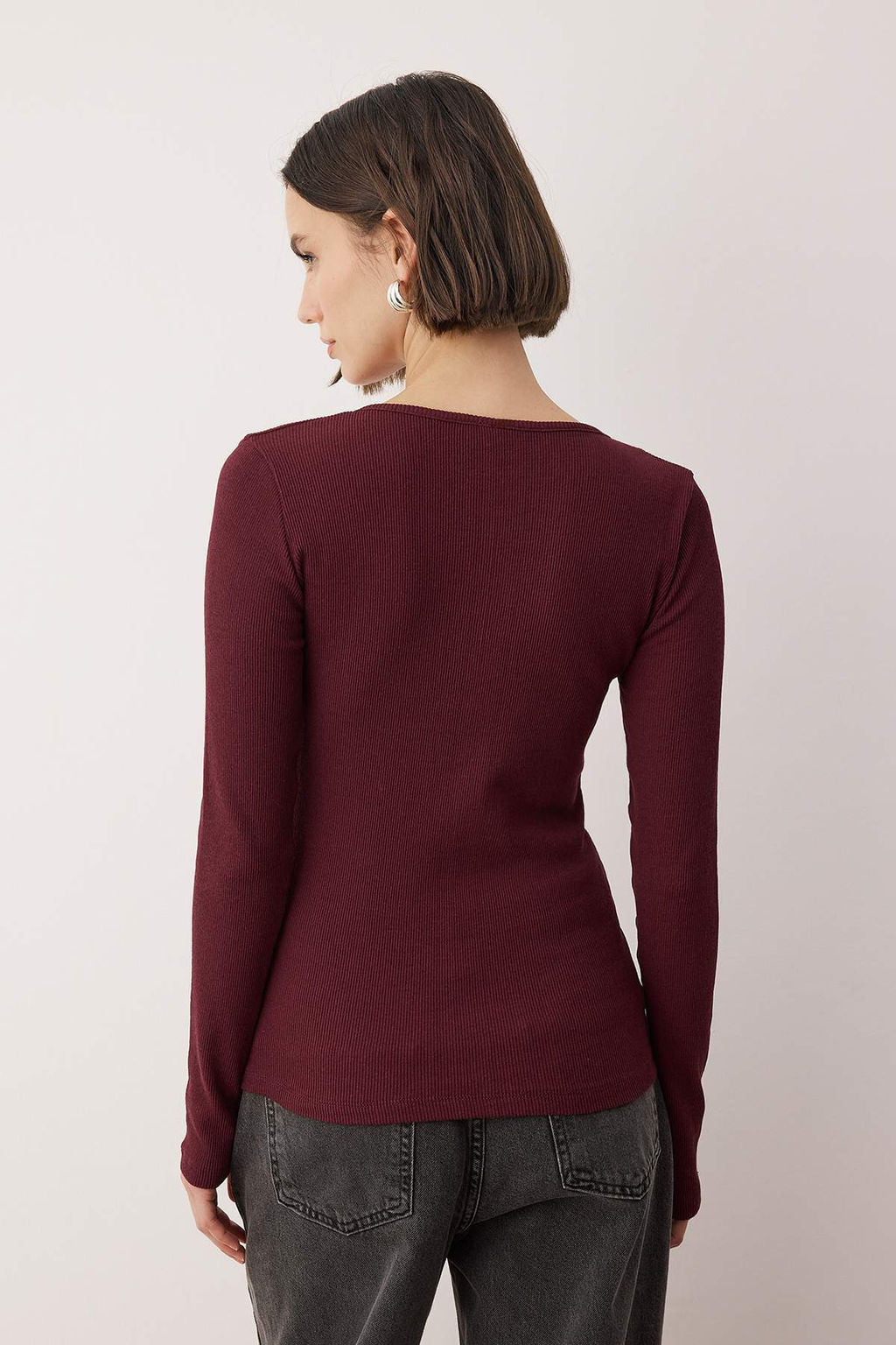 Bordo C?tc?tl? Fitted/Vucuda Oturan Fitilli Esnek Orme Bluz TWOAW25BZ00080