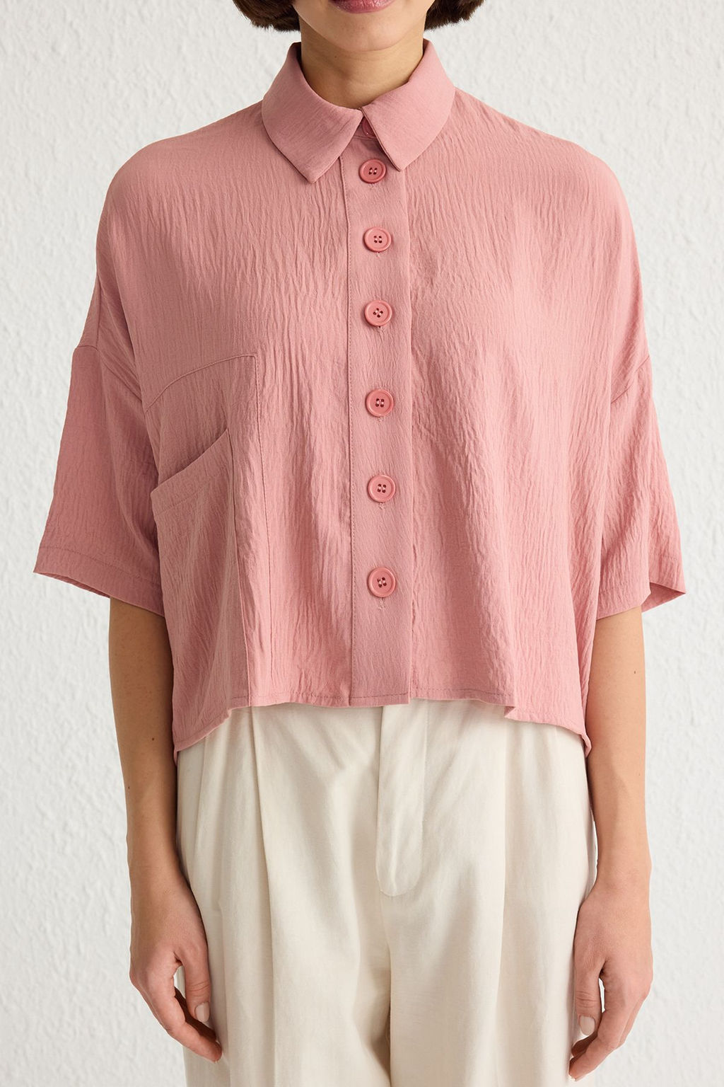 Ac?k Pembe Oversize/Genis Kal?p Fakir Kol Dokuma Gomlek TWOSS20GO0381