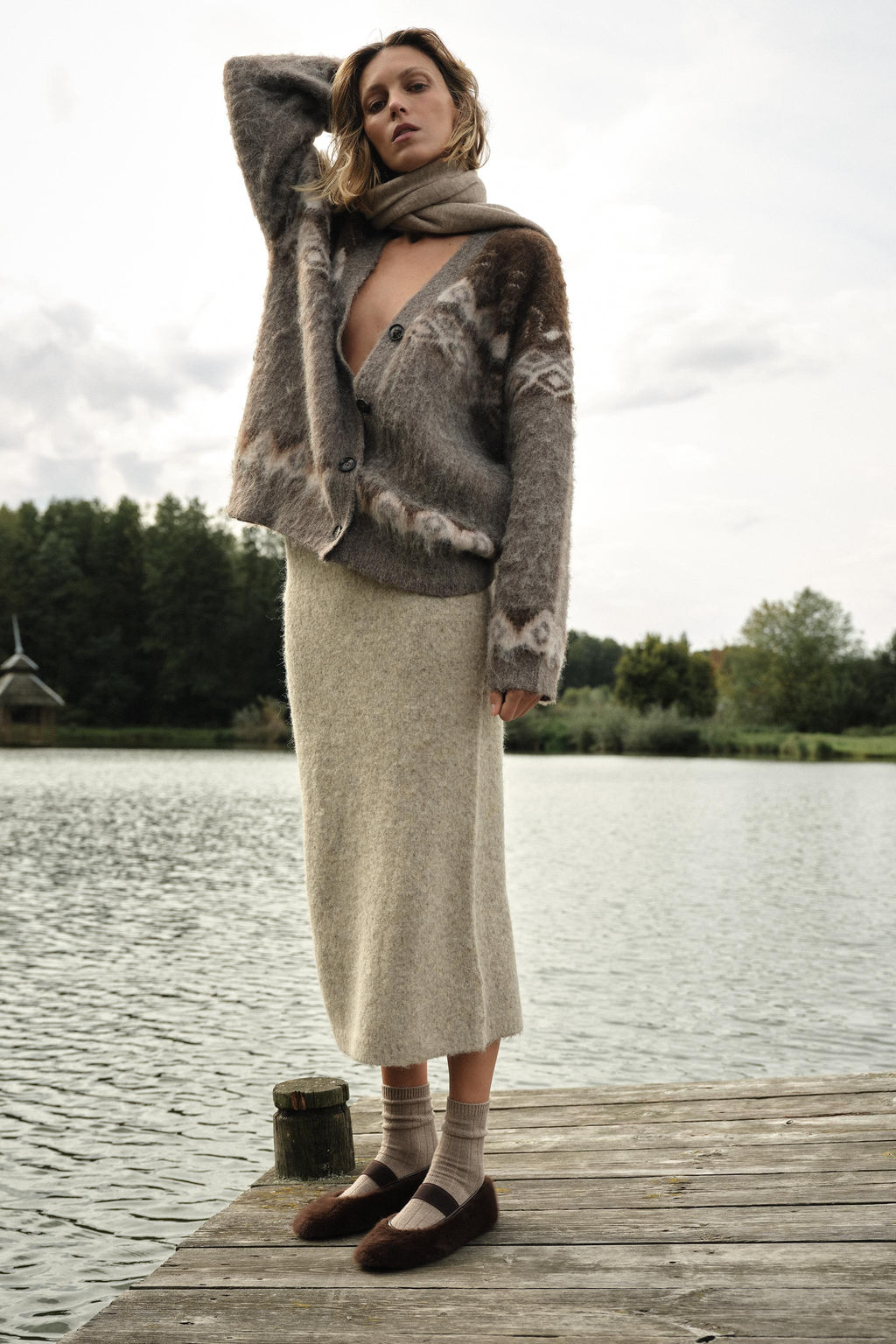 BRUSHED EFFECT JACQUARD KNIT CARDIGAN