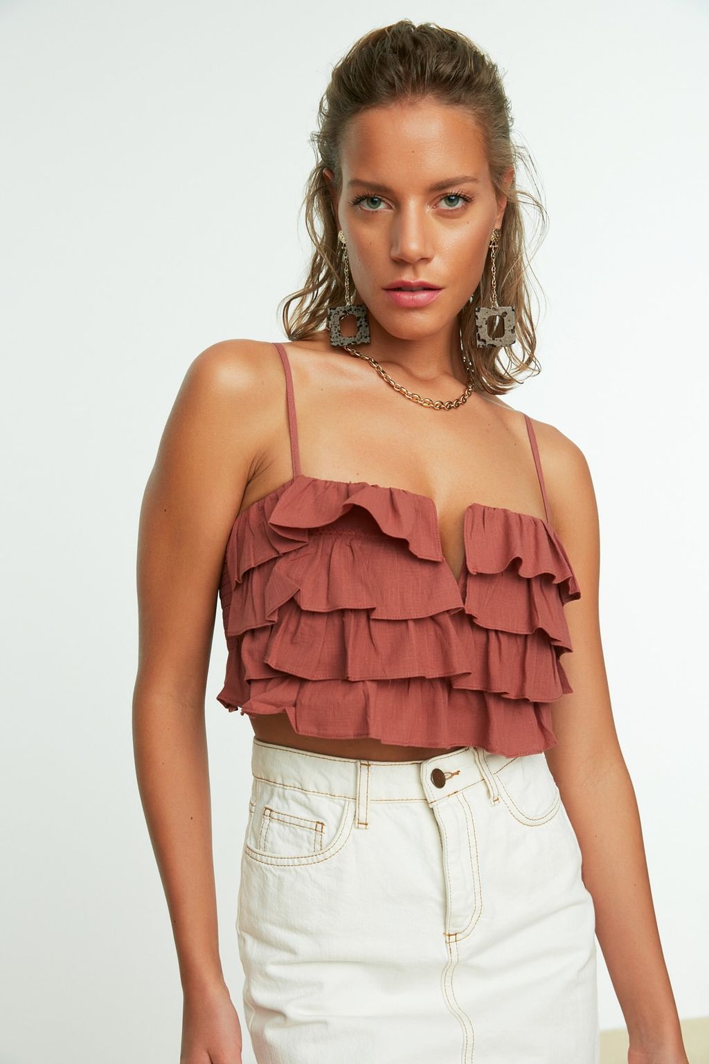 Trendyolmilla Beyaz Crop Dokuma Flaml? Pamuk F?rf?rl? Plaj Bluz TBESS21BZ0661  фото 6