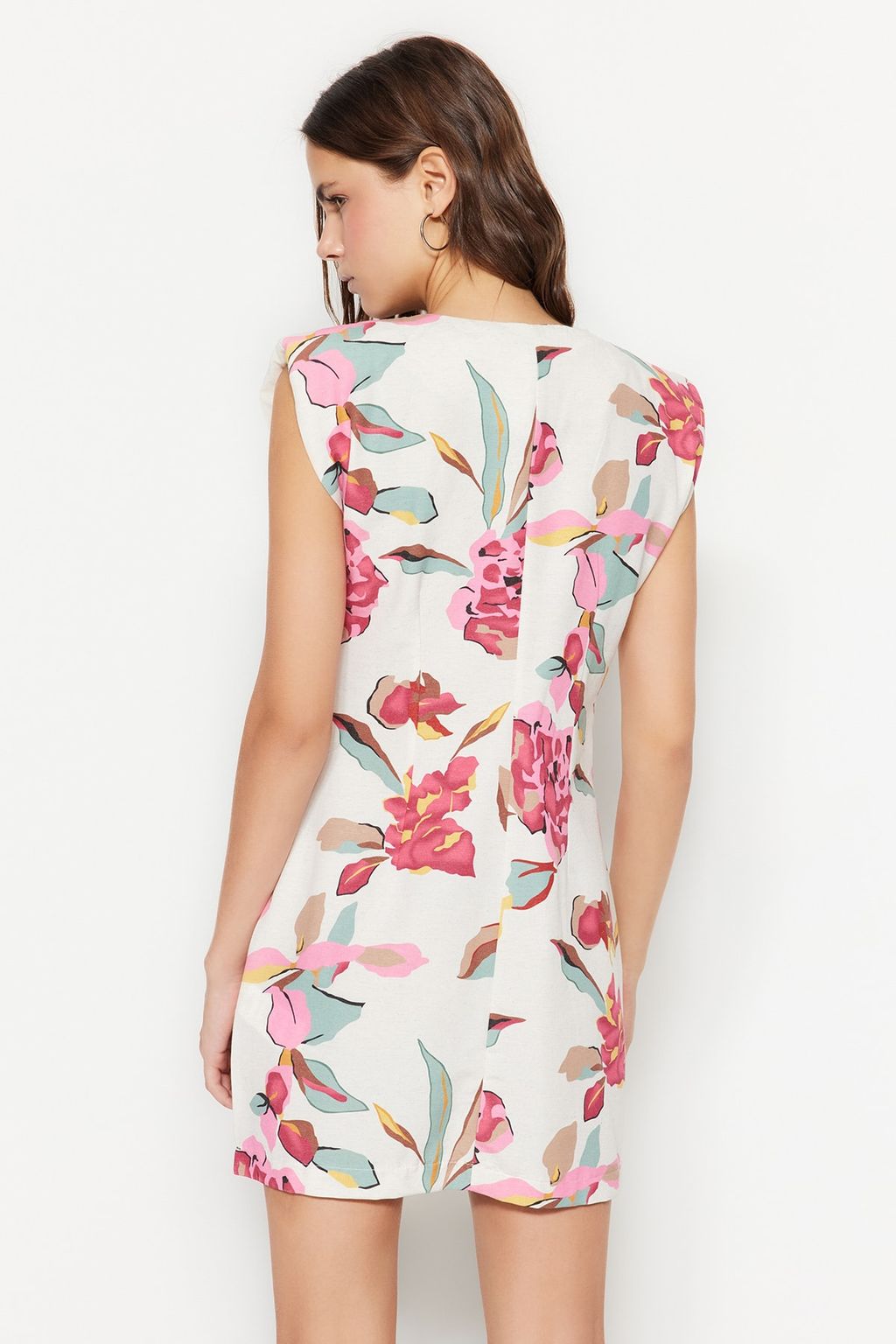 Beyaz Cicek Desenli Dugmeli Keten Gorunumlu Mini Dokuma Ceket Elbise TWOSS23EL01874 - Trendyolmilla фото 6