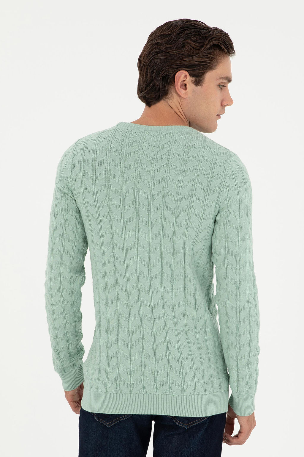 Erkek Slim Fit Bisiklet Yaka Su Ye_ili Basic Kazak