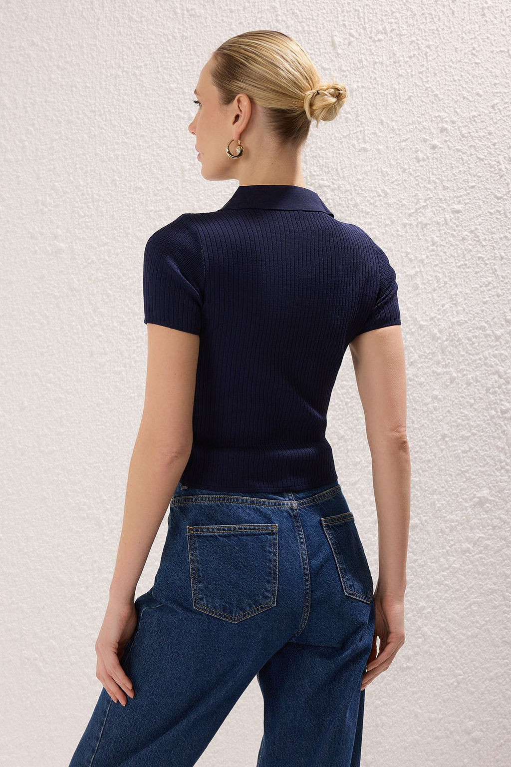 Lacivert-Ekru Basic Polo Yaka Ikili Paket Triko Ince Bluz TWOSS25BZ00503