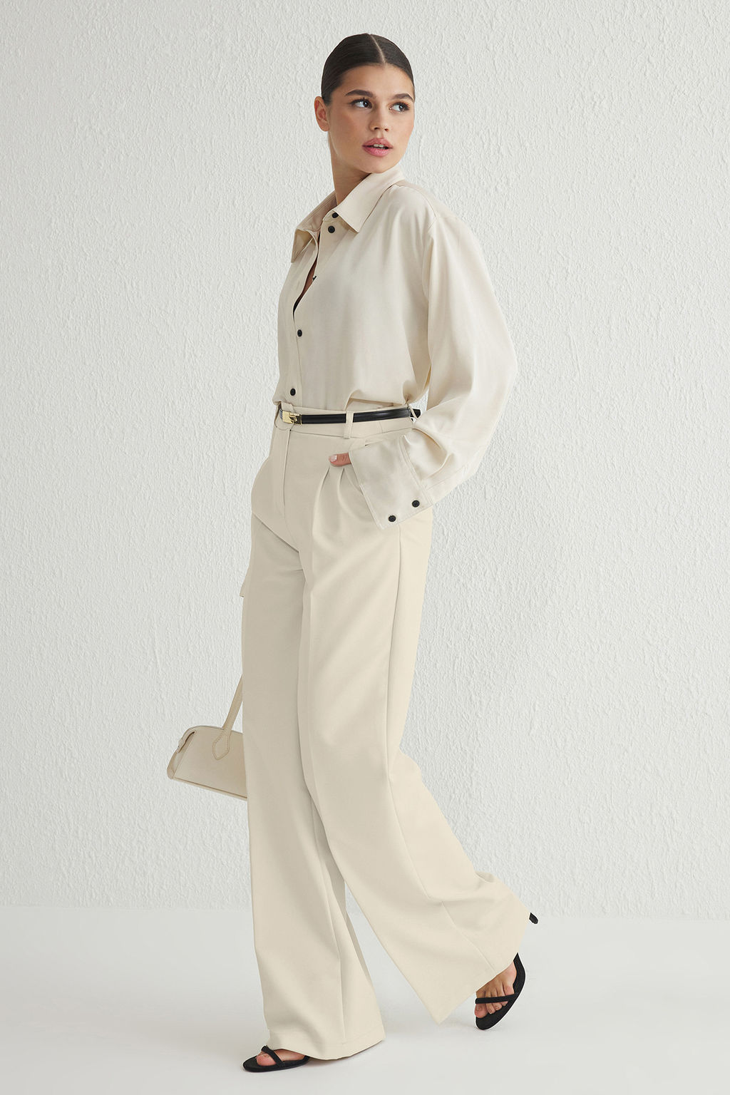 Ekru Pilili Wide Leg/Genis Paca Dokuma Pantolon TWOAW25PL00109 Palazzo