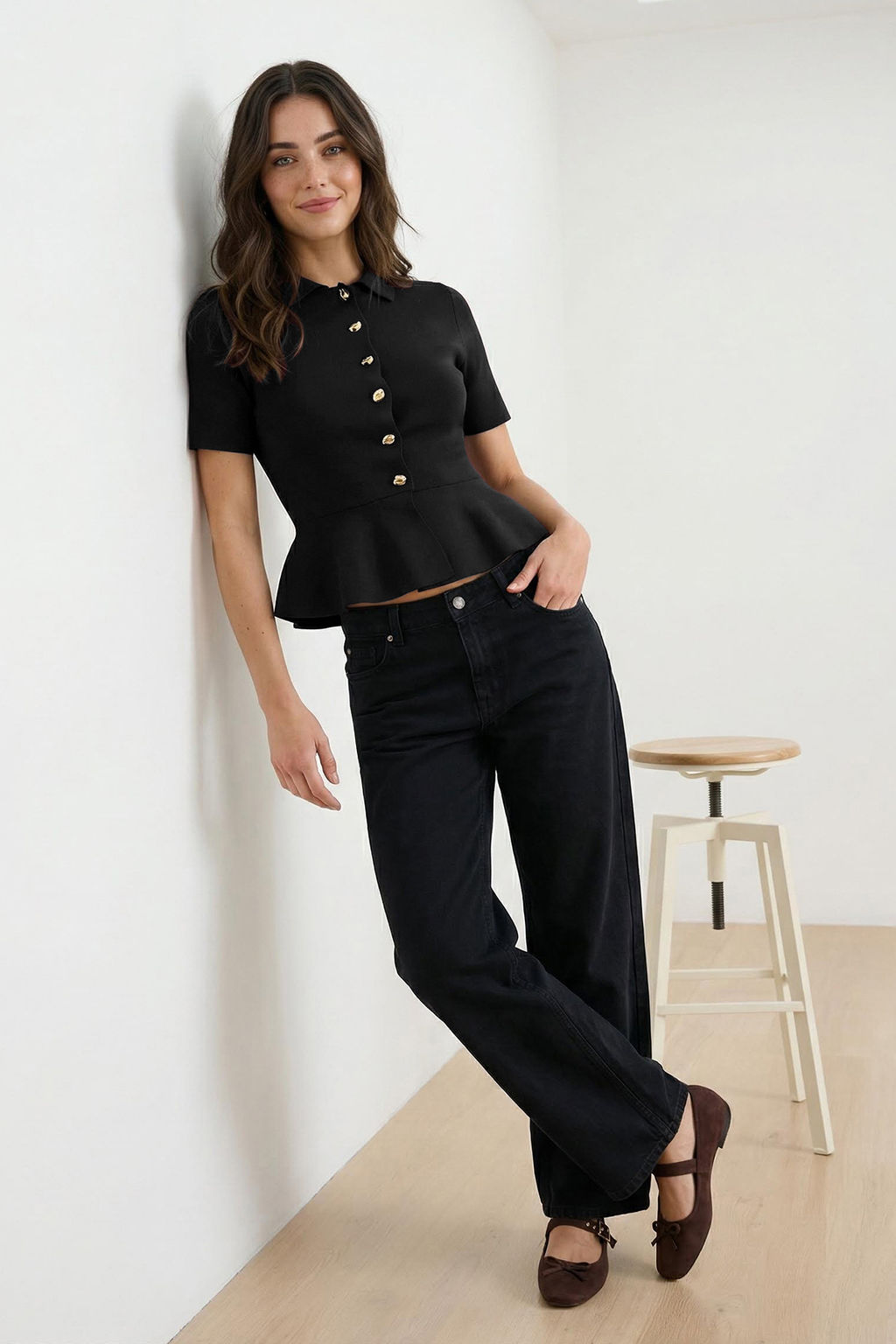 Siyah Peplum/Belden Oturmal? Dugme Detayl? Bluz TWOSS26BZ00158