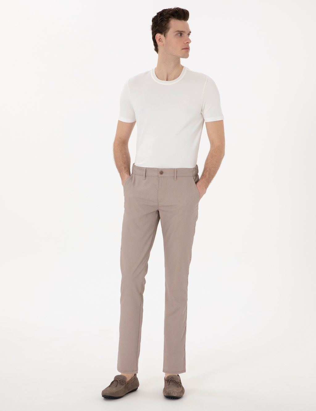 Koyu Bej Slim Fit Beli Lastikli Kanvas Pantolon