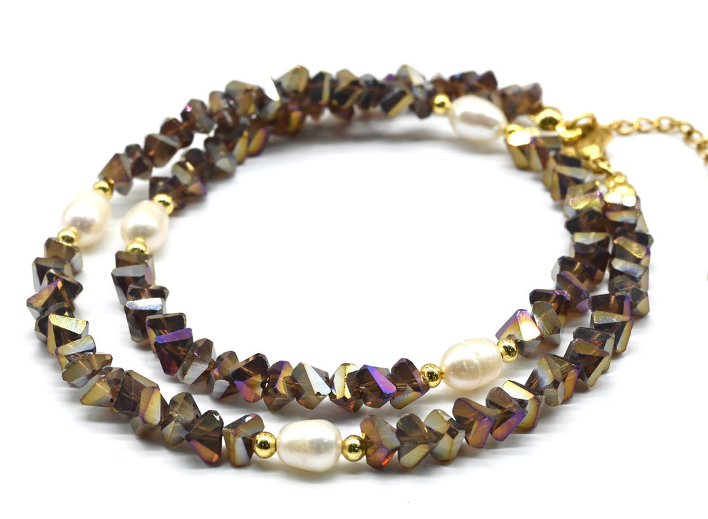 Чокер из циркона с жемчугом цв.темно-карамельный, 41см