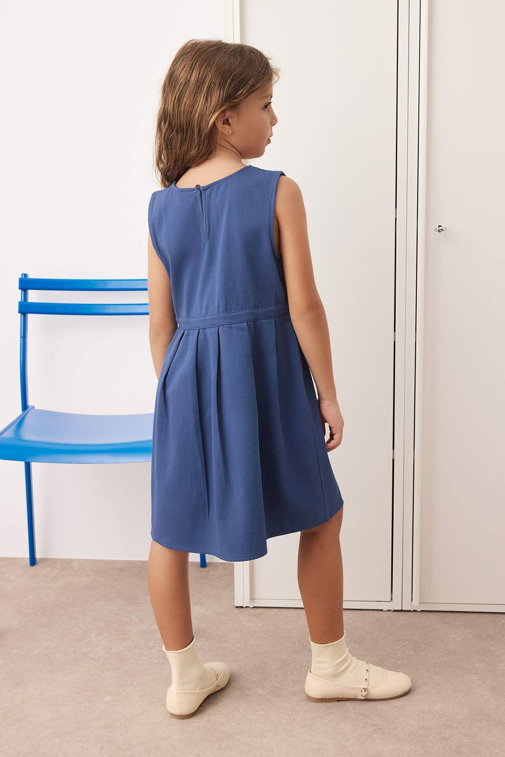 Lacivert 100% Pamuk Duz/Basic Bisiklet Yaka A-line Dokuma K?z Cocuk Okul Elbisesi TKDAW26EL00004 - Trendyolmilla фото 3