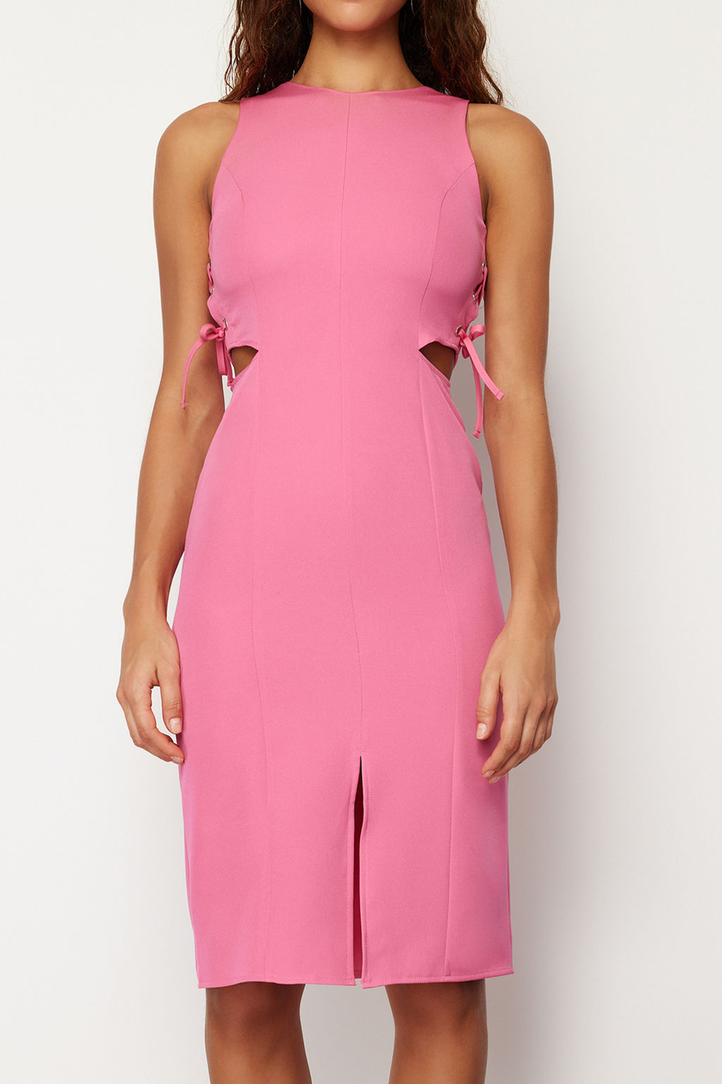 Fusya Vucuda Oturan Bel Dekolteli Kolsuz Midi Kalem Etek Dokuma Elbise TWOSS23EL02043