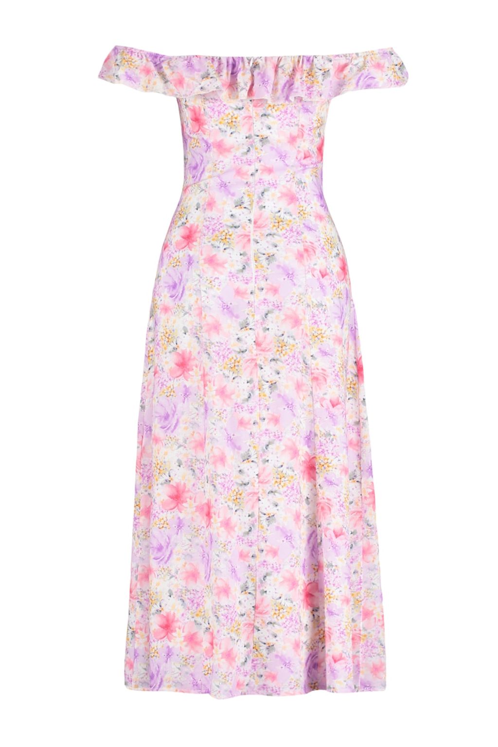 TRENDYOLMILLA Mor Cicek Desenli A Kesim Carmen Yaka Form Midi Dokuma Elbise TWOSS23EL01243
