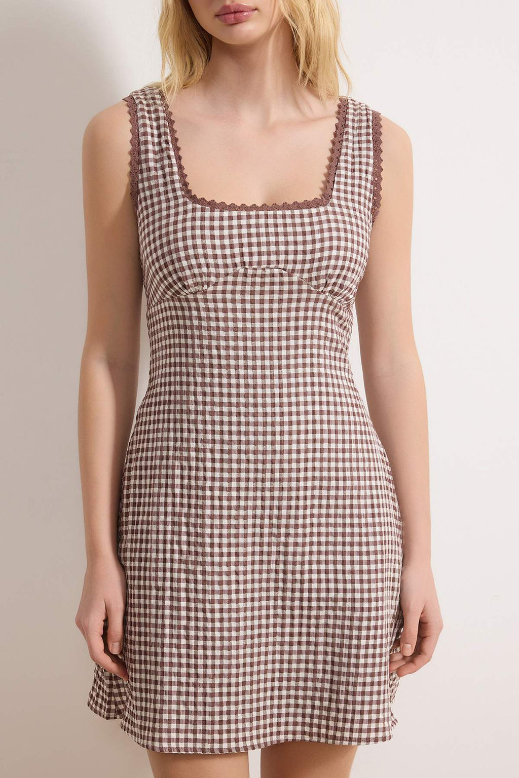 Kahverengi Ekose / Kareli Dantel Detayl? K?sa / Mini Dokuma Elbise TWOSS26EL00091