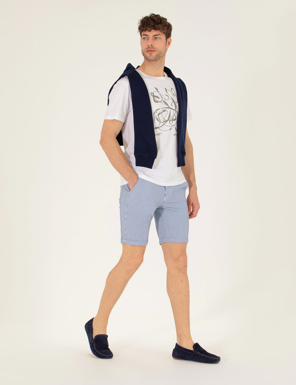 Koyu Mavi Slim Fit Beli Lastikli _izgili Ba_c_kl_ Bermuda _ort