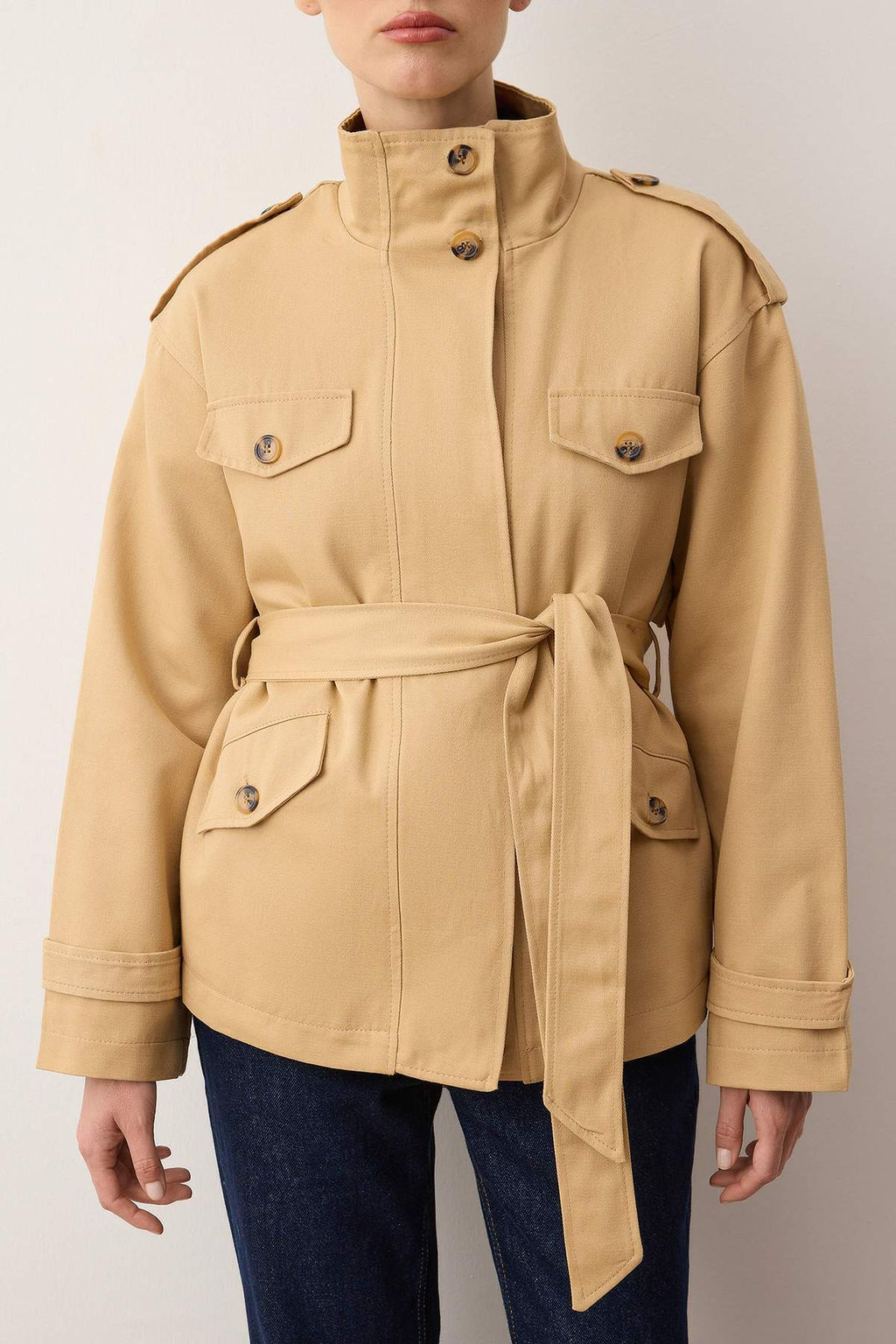 Bej Dik Yaka Cep Detayl? Mono Kapama Oversize Midi Trenckot TWOAW26TR00024 - Trendyolmilla фото 3