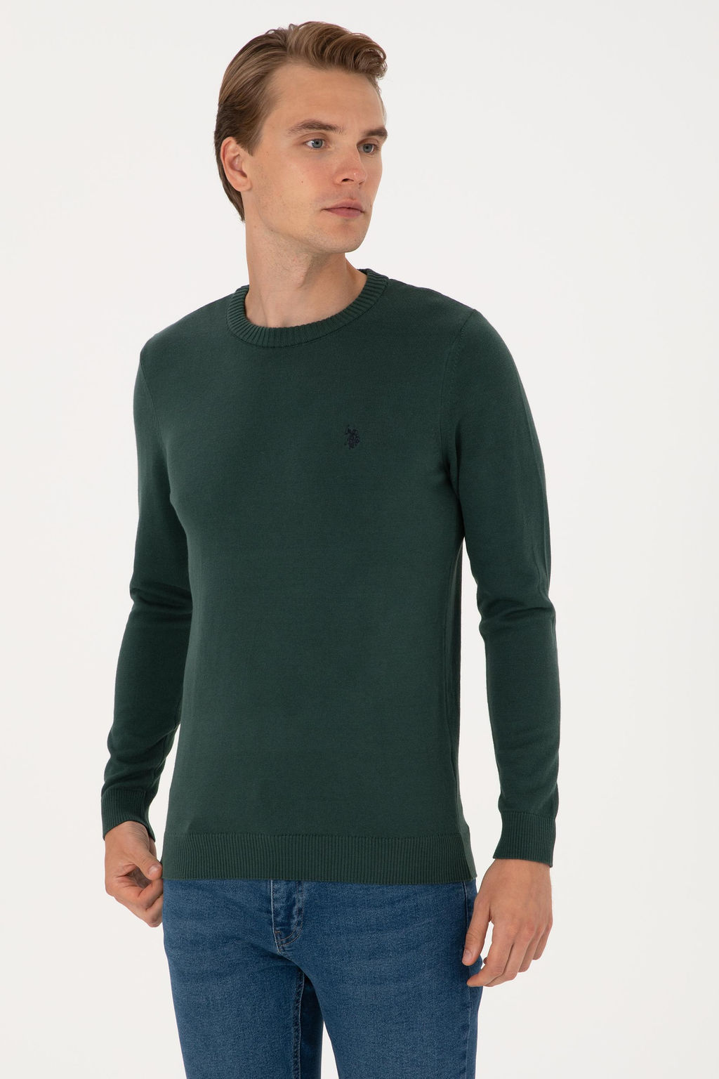 Erkek Slim Fit Bisiklet Yaka Koyu Ye_il Basic Kazak - U.s. polo assn фото 3
