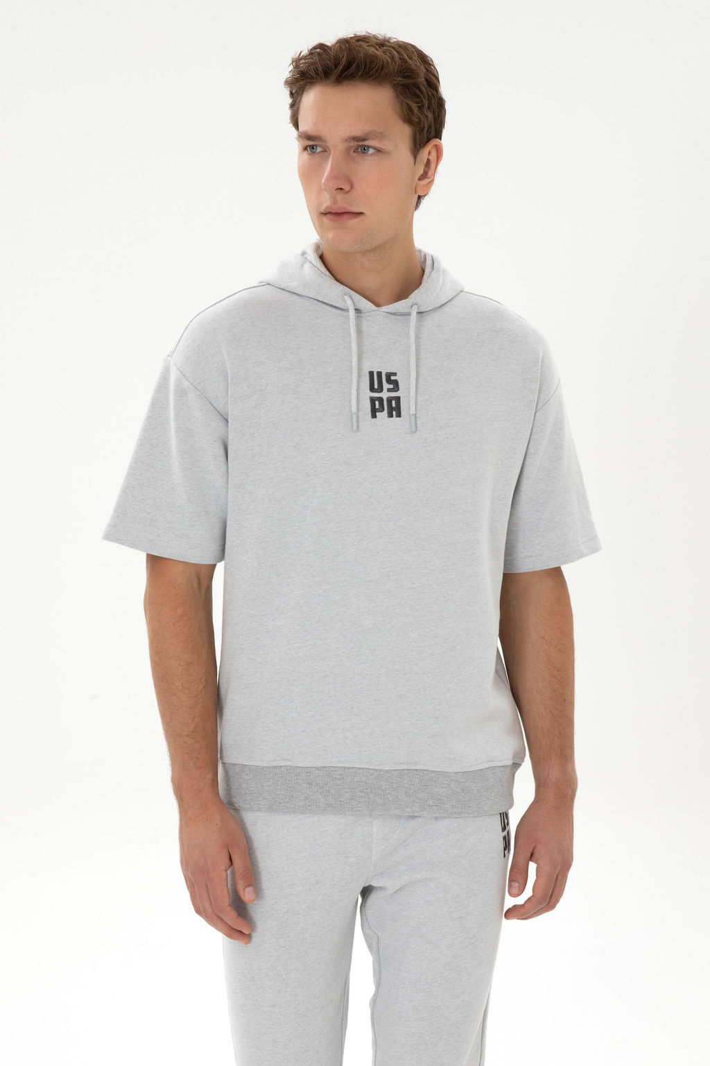 Erkek Comfort Fit Kap__onlu K_sa Kollu Gri Melanj Sweatshirt