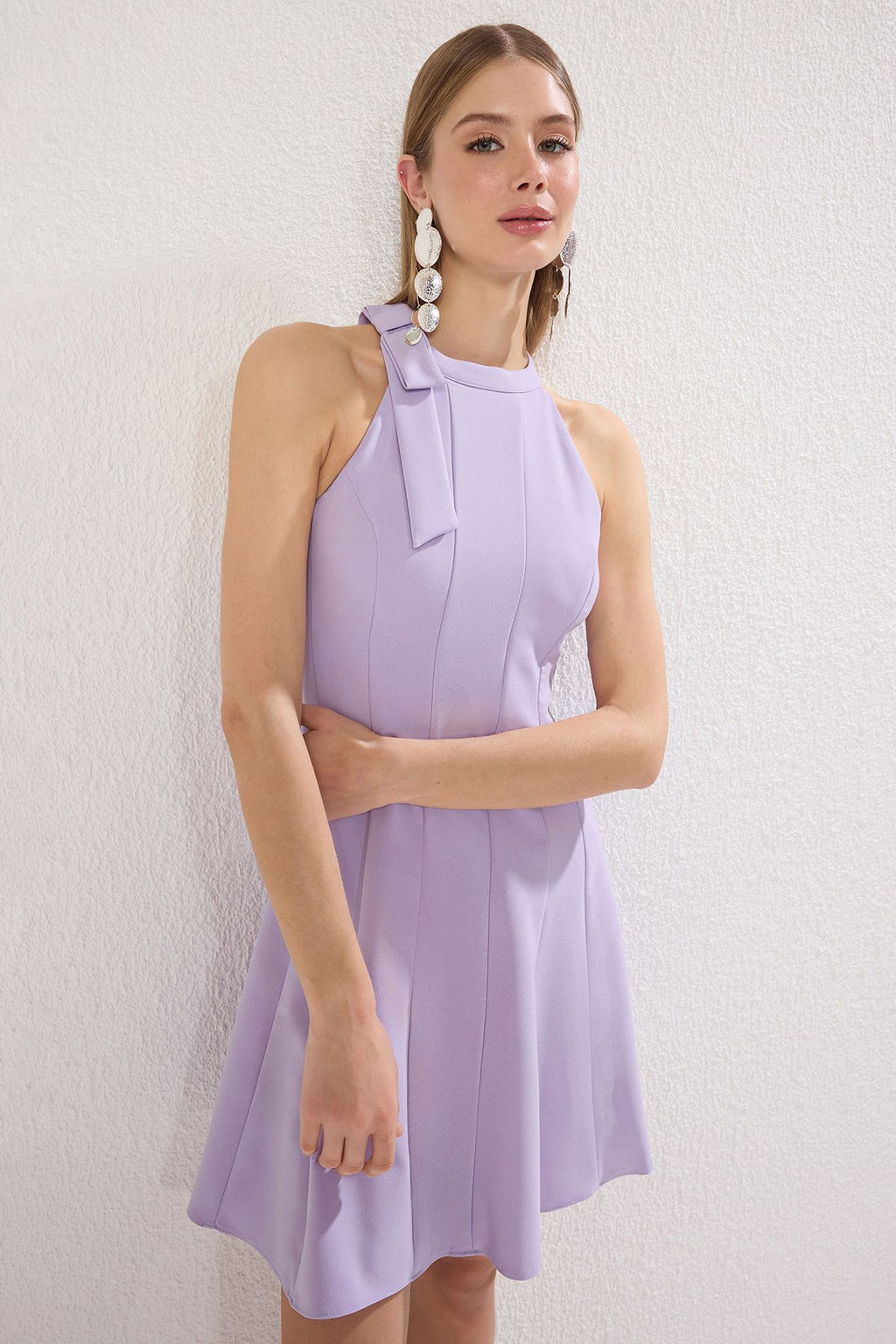 Lila Duz Etegi Belden Ac?lan Baglama Detayl? Mini Dokuma Elbise TWOSS25EL00245