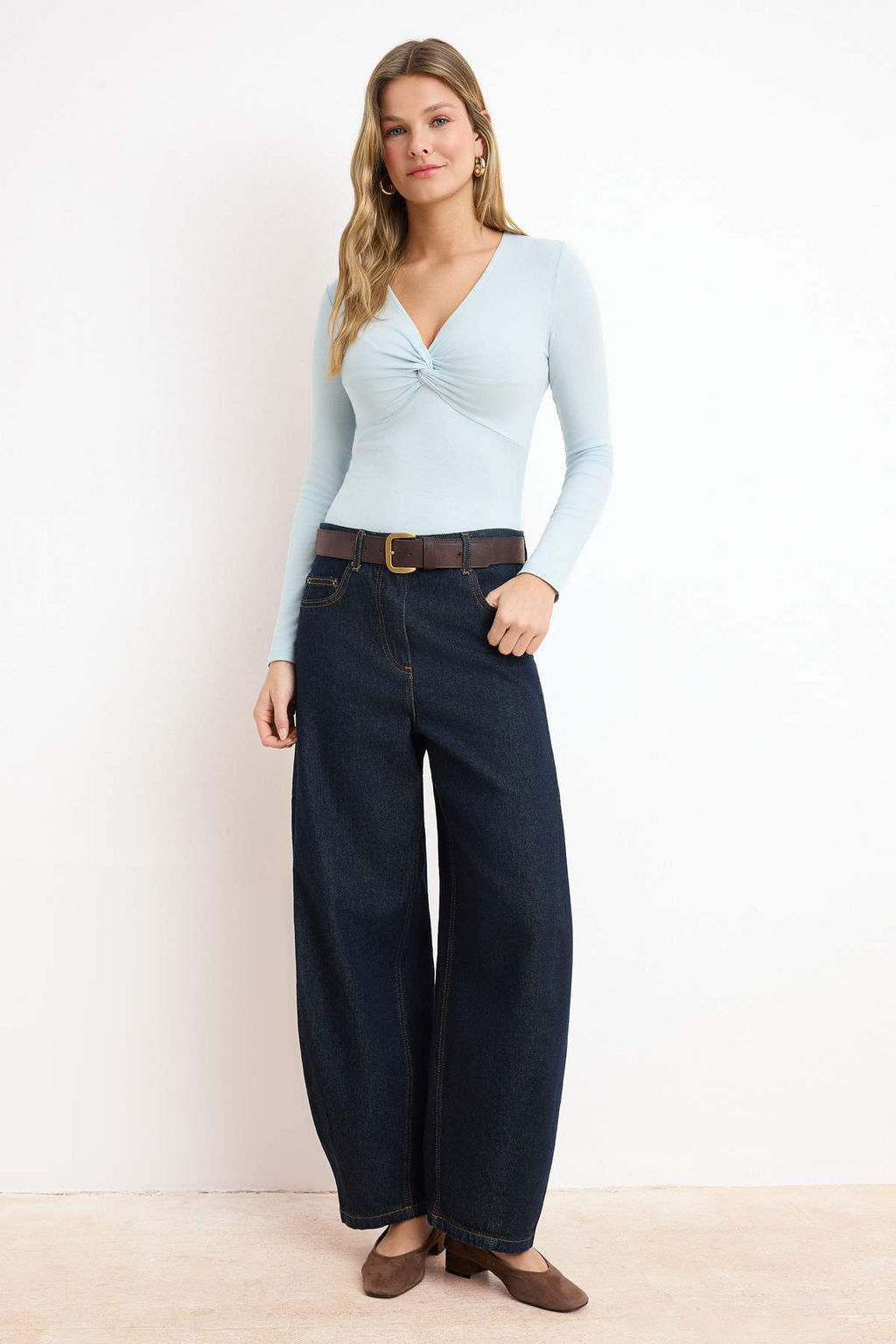 Kahverengi V Yaka Buzgu Detayl? Uzun Kol Esnek Orme Bluz TWOSS26BZ00641 - Trendyolmilla фото 6