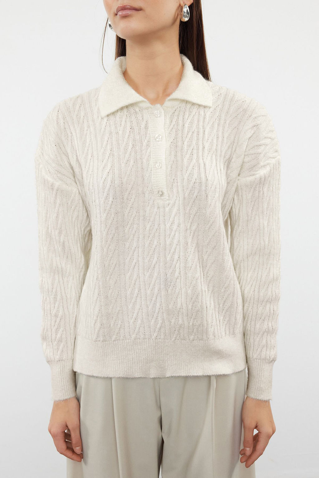 Ekru Genis Kal?p Yumusak Dokulu Triko Kazak TWOAW21KZ2635