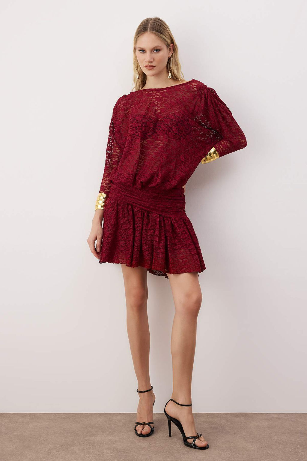 Bordo Boho Orme Dantel Mini Elbise TPRAW26EL00046