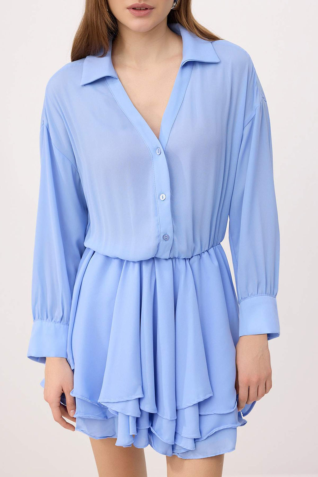 Ac?k Mavi Super Mini Etegi Volan Detayl? Dokuma Sifon Elbise TWOAW26EL00310