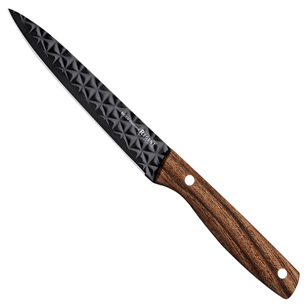 Нож кухонный Becco Diamond 13см из нержавеющей стали, ширина 2см, длина 24,5см, универсальный, конструкция фултанг, лезвие с покрытием PEARL, пластмассовая ручка под дерево с покрытием soft-touch, ПВХ чехол-подвес, Regent (Китай)