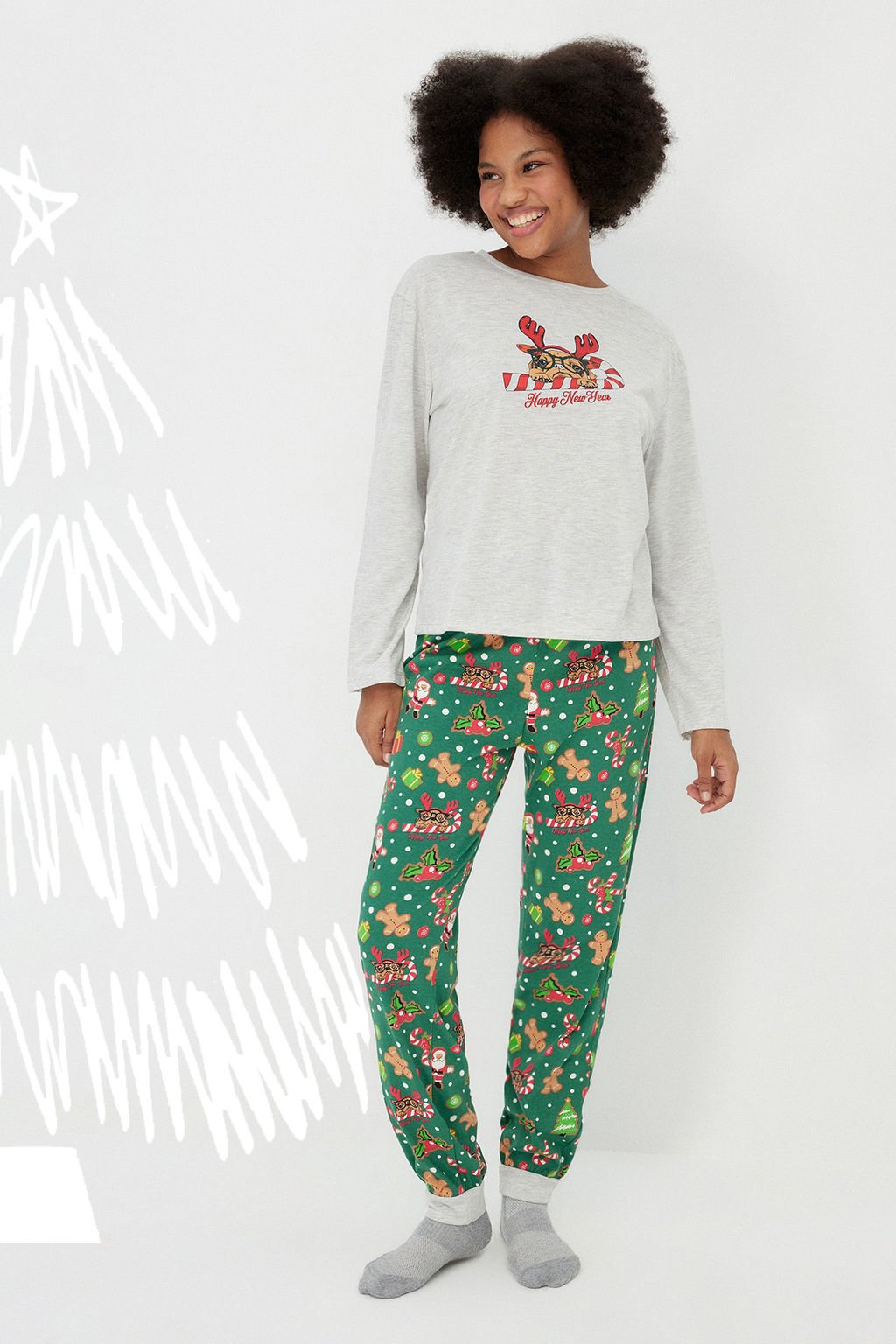 Gri Melanj %100 Pamuklu Y?lbas? Temal? Orme Pijama Tak?m? THMAW24PT00058