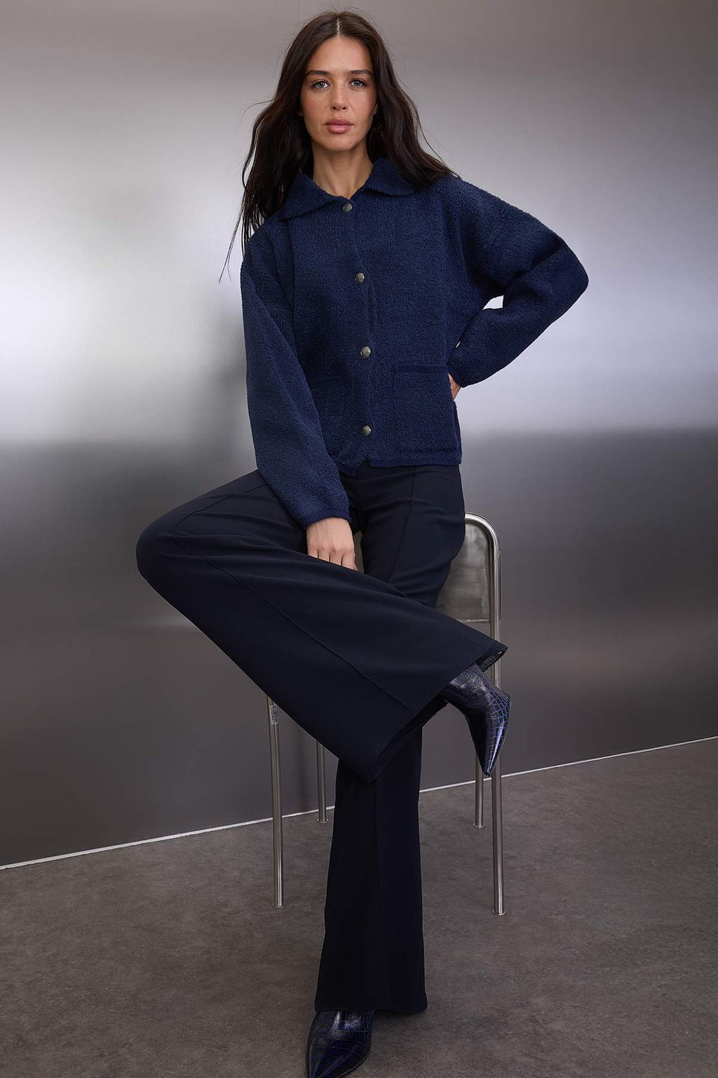 Lacivert Genis Kal?p Polo Yaka Buklet Triko H?rka TWOAW24HI00177