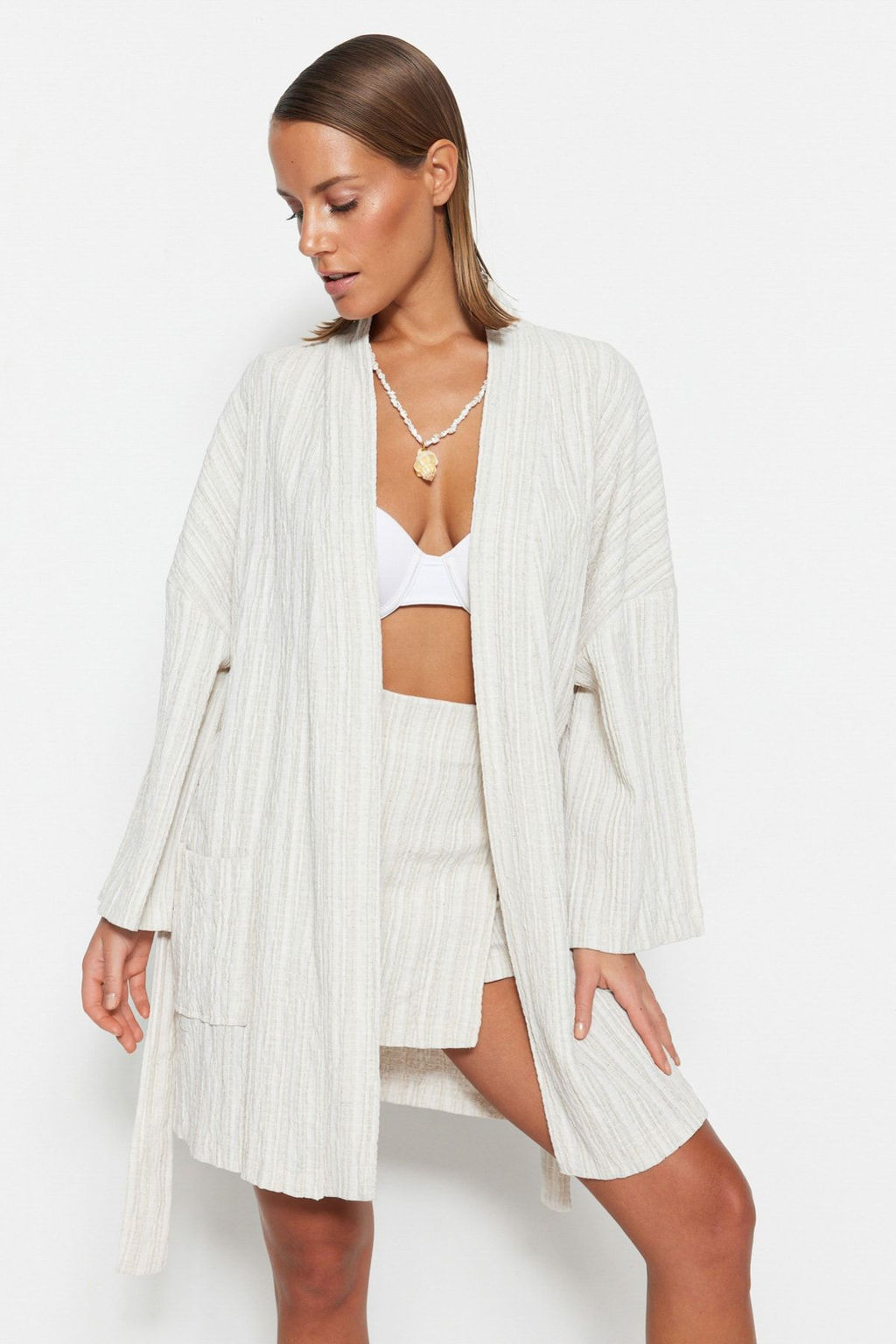 Ekru Kusakl? Mini Dokuma Keten Kar?s?ml? Plaj Kimono&Kaftan TBESS23KM00081