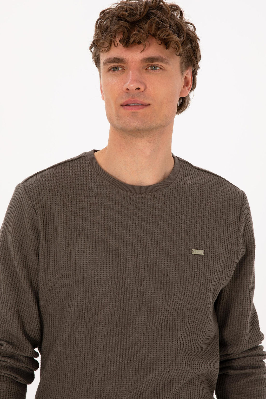 Erkek Bisiklet Yaka Regular Fit Petek Dokulu Vizon Sweatshirt - U.s. polo assn фото 2