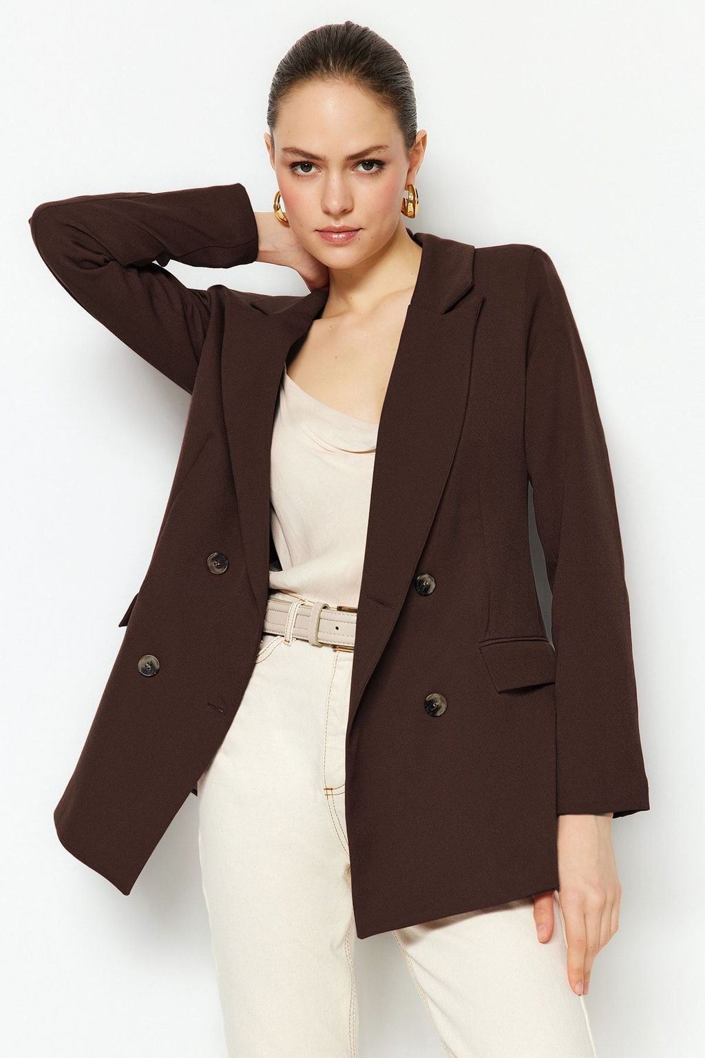 Koyu Kahverengi Astarl? Kruvaze Kapama Dokuma Blazer Ceket TWOAW21CE0145