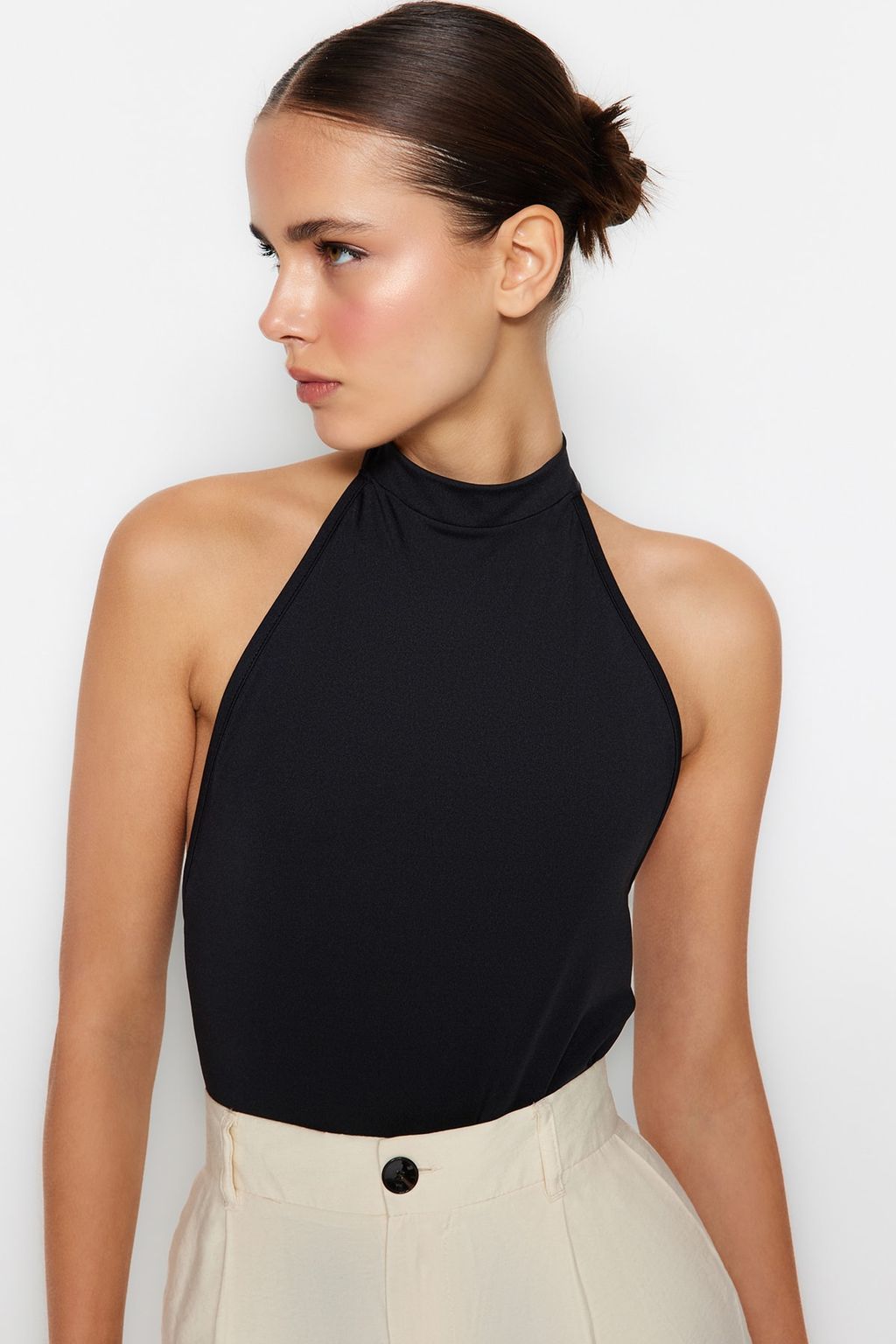 Siyah Dik Yaka S?rt Dekolteli Esnek Alttan C?tc?tl? Orme Body TWOSS23BD00037