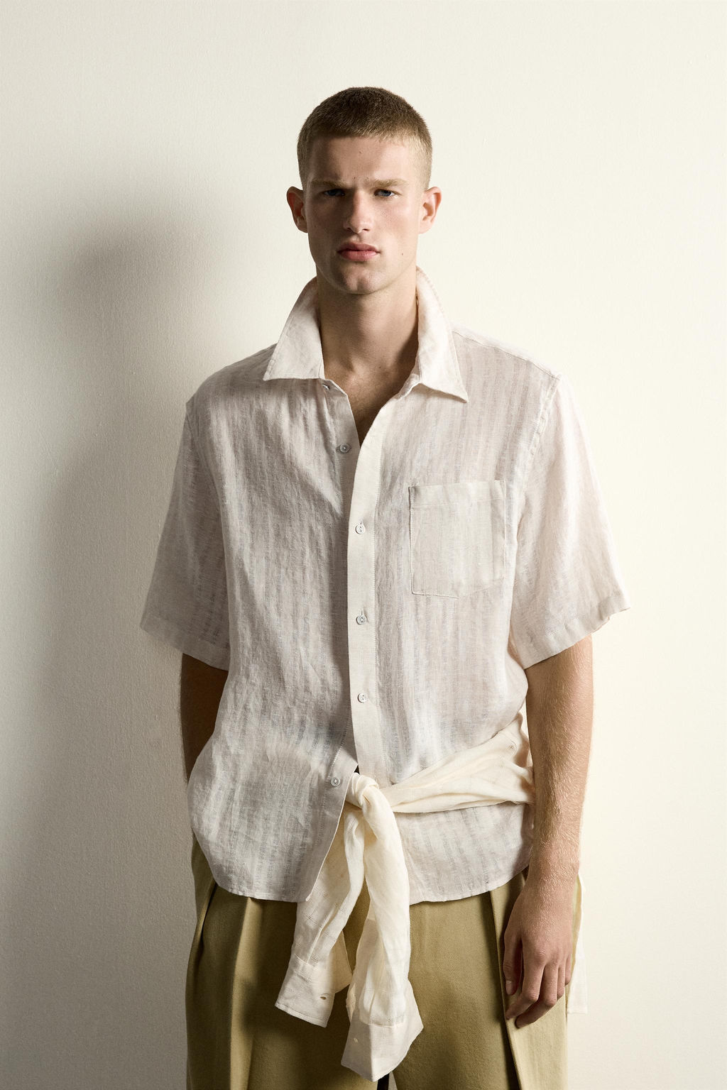 CAMISA JACQUARD RAYAS 100% LINO / Beige - Zara фото 2