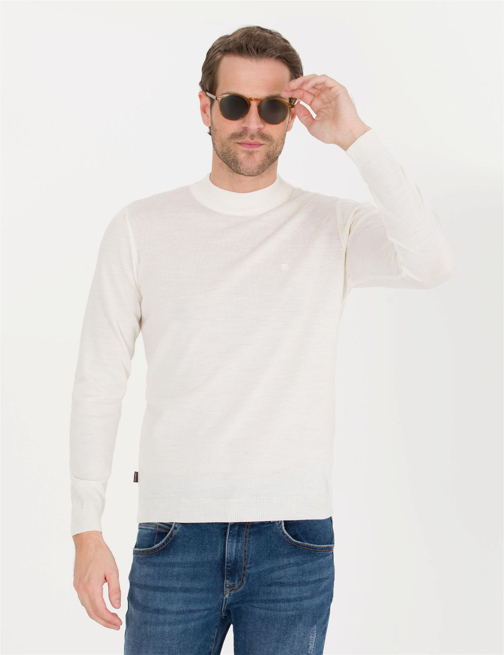 Ekru Slim Fit Bato Yaka Y_n Kar___ml_ Basic Triko Kazak