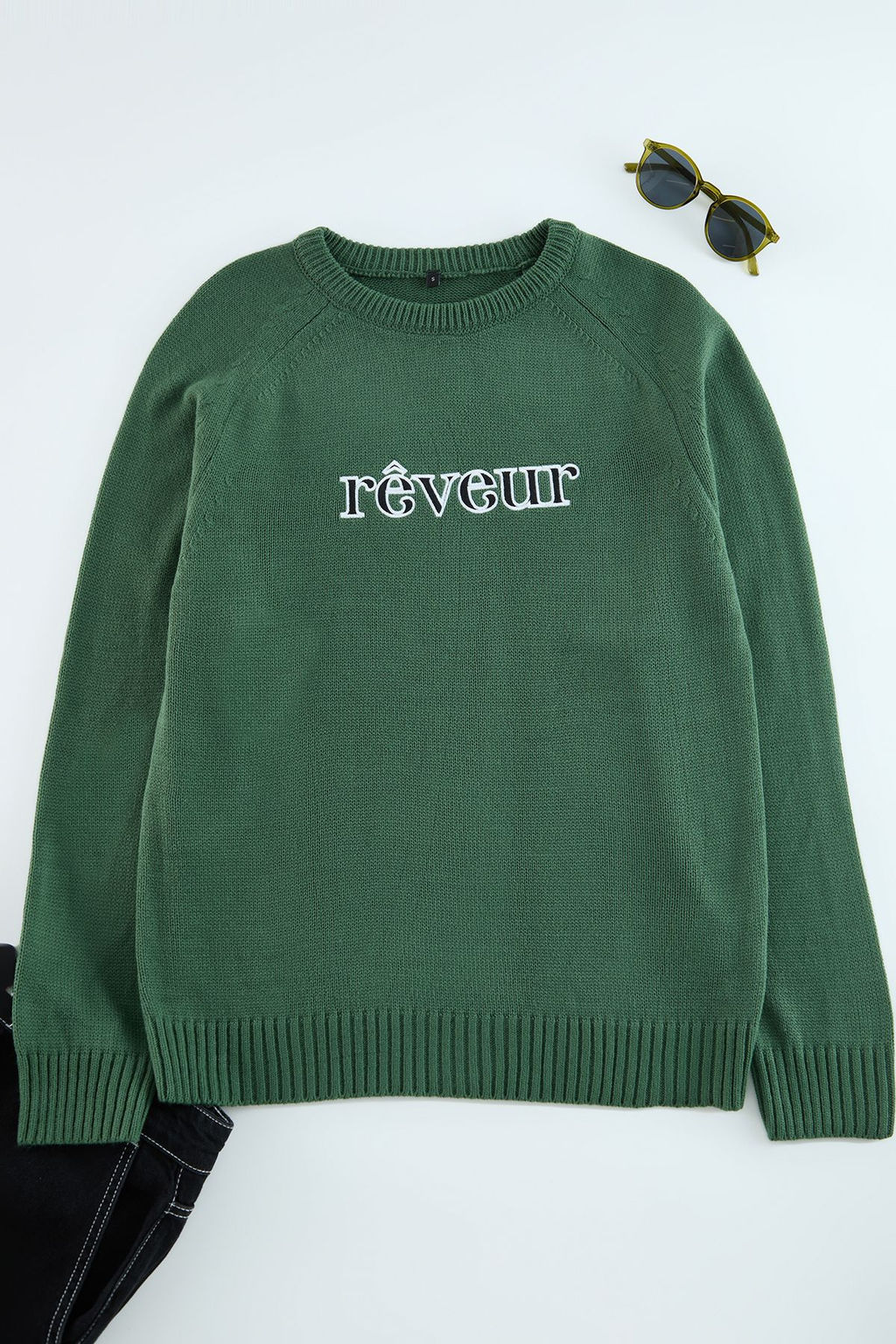 Yesil Regular Bisiklet Yaka Slogan Triko Kazak TMNAW25KZ00041